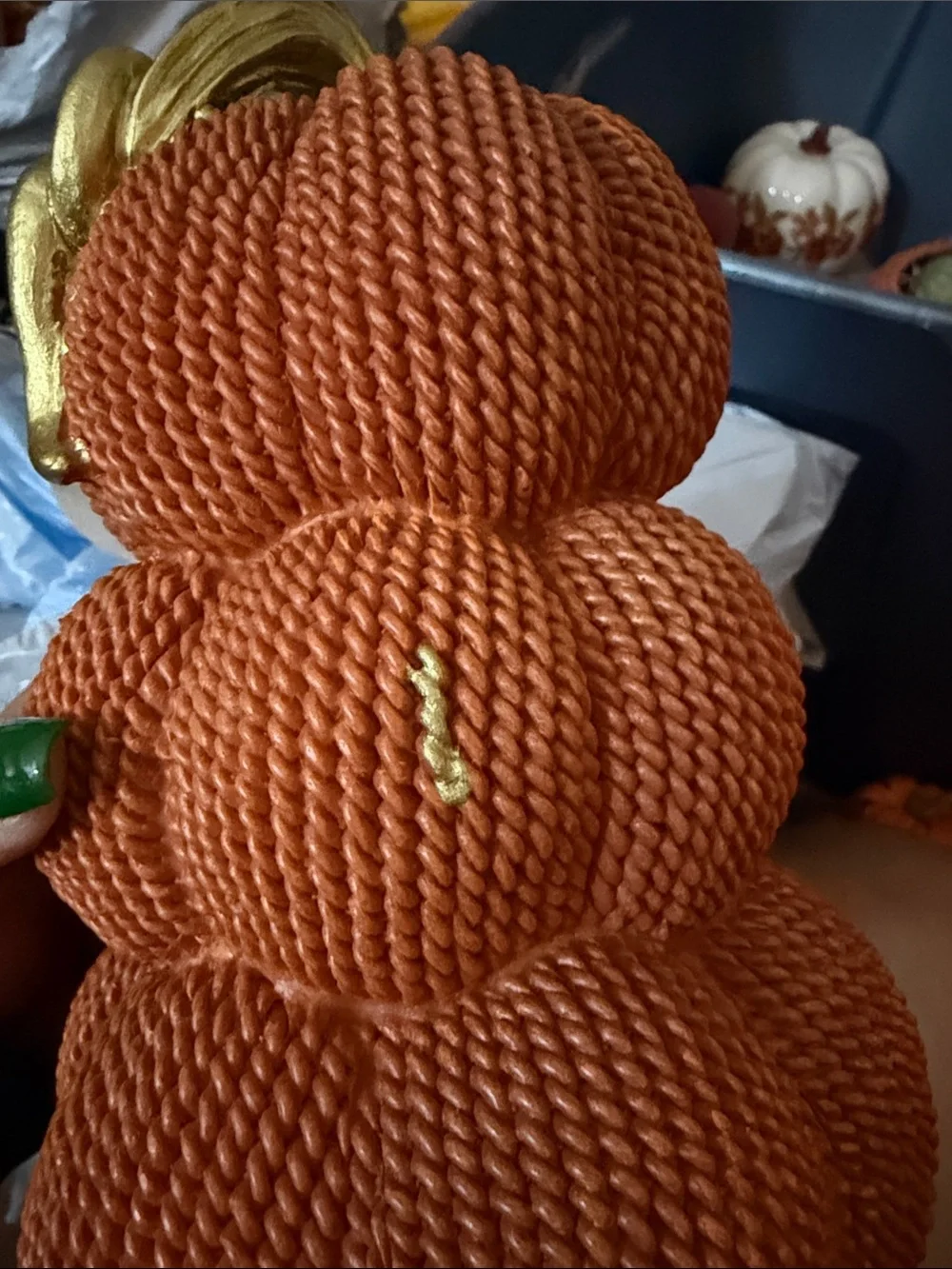 Textured Stacked Pumpkin Decor with Gold Stem - Orange